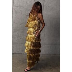 NWT Never Fully Dressed Gold Fringe Maxi Dress Tinsel Maxi 6